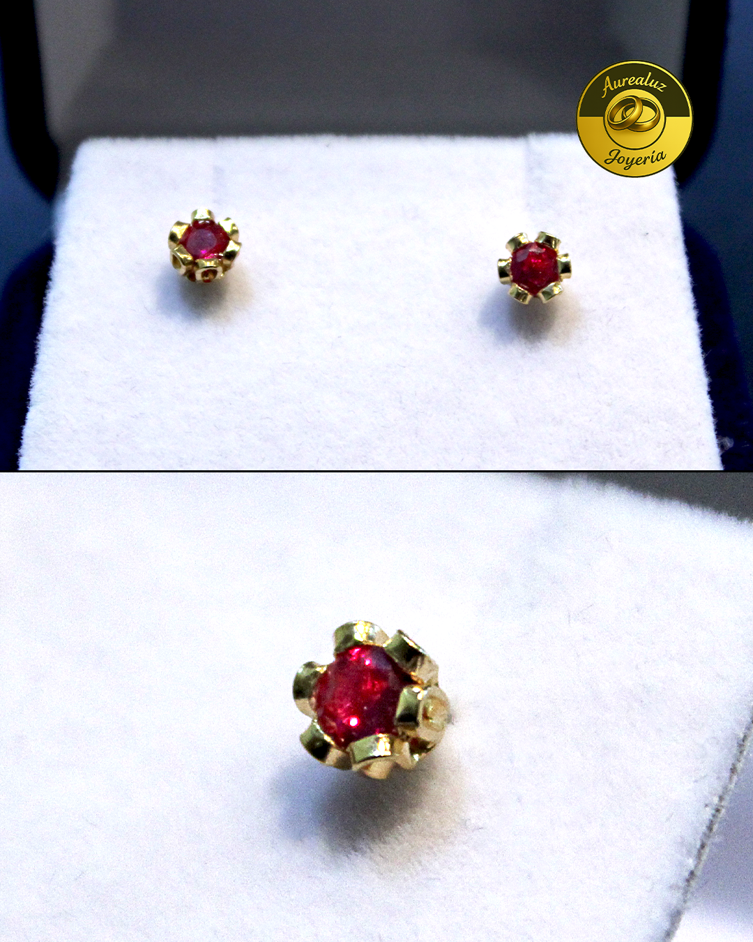 Aros oro amarillo con circón rojo